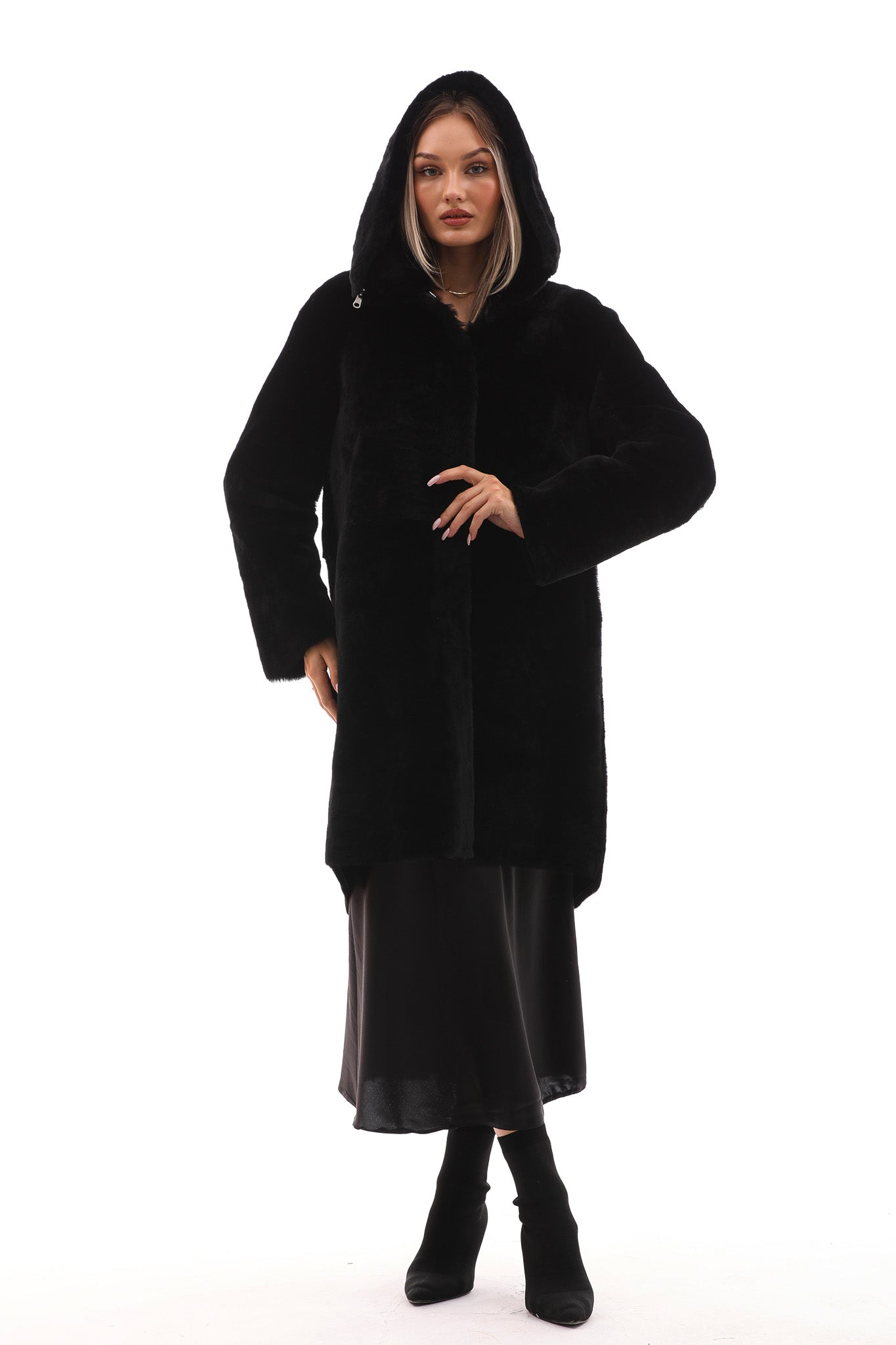 The Noctura Reversible Hooded Shearling Black Leather Jacket