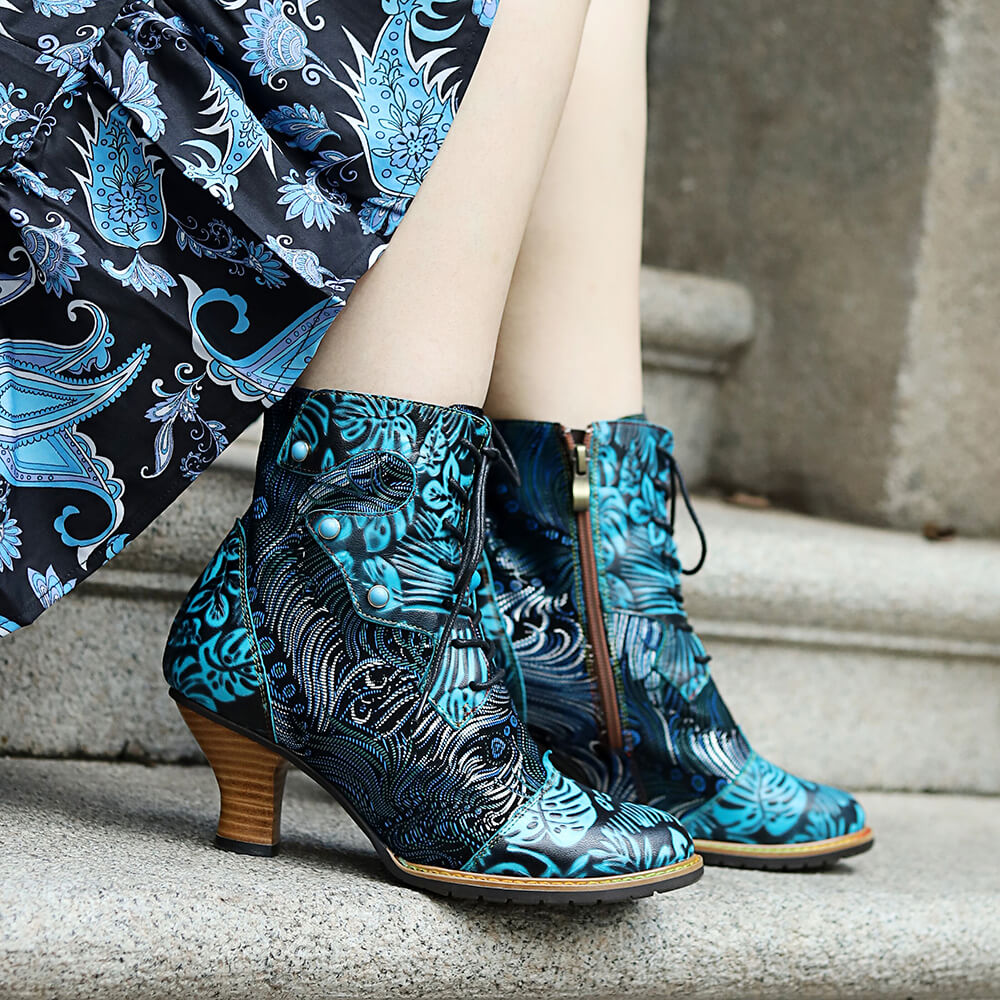 Blue Embossed Leather And Warm Brocade Comfy Ankle Boots – product view 16