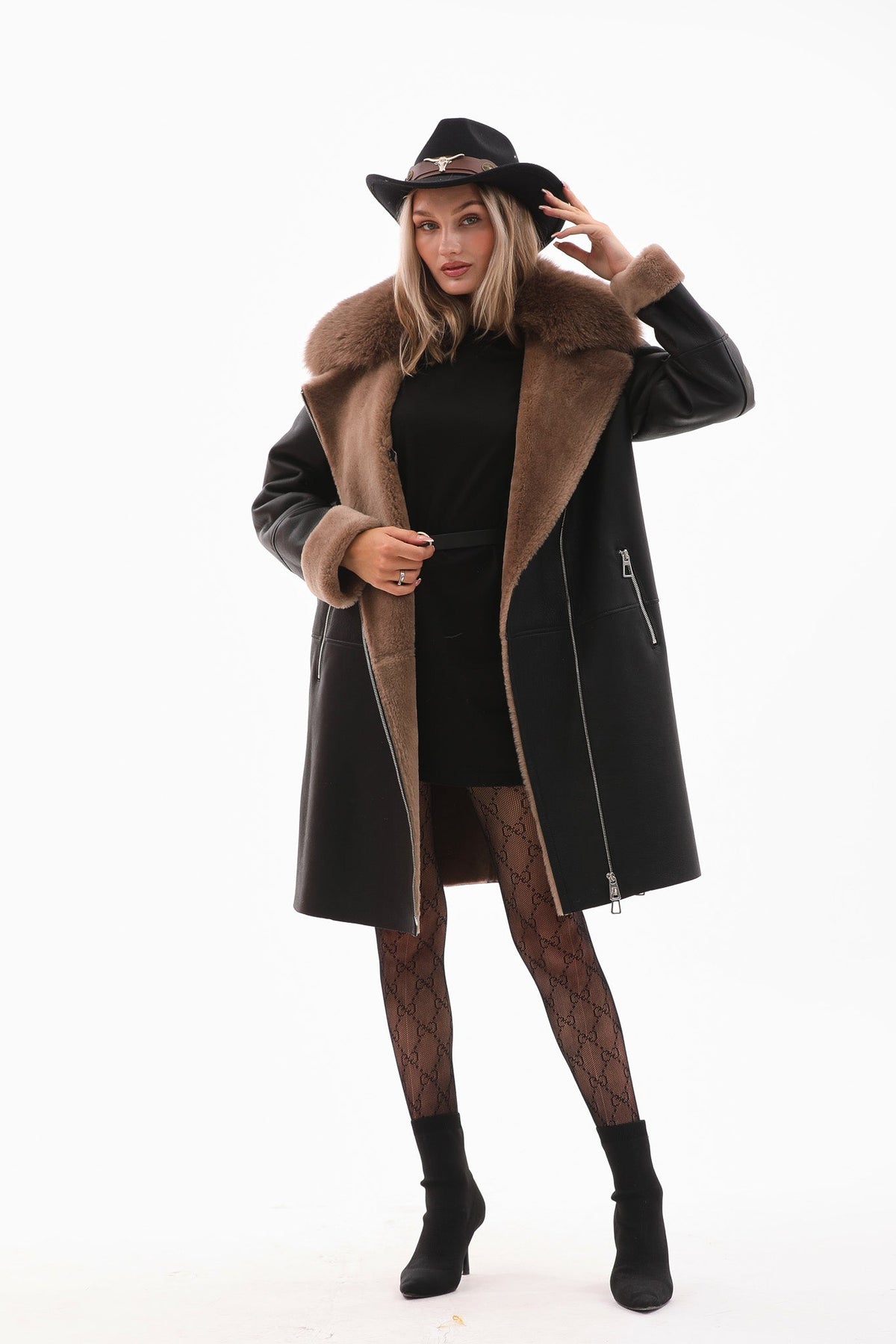 Vinci Leather The Onyx Caramel Shearling & Fox Fur Leather Women Jacket – product view 8