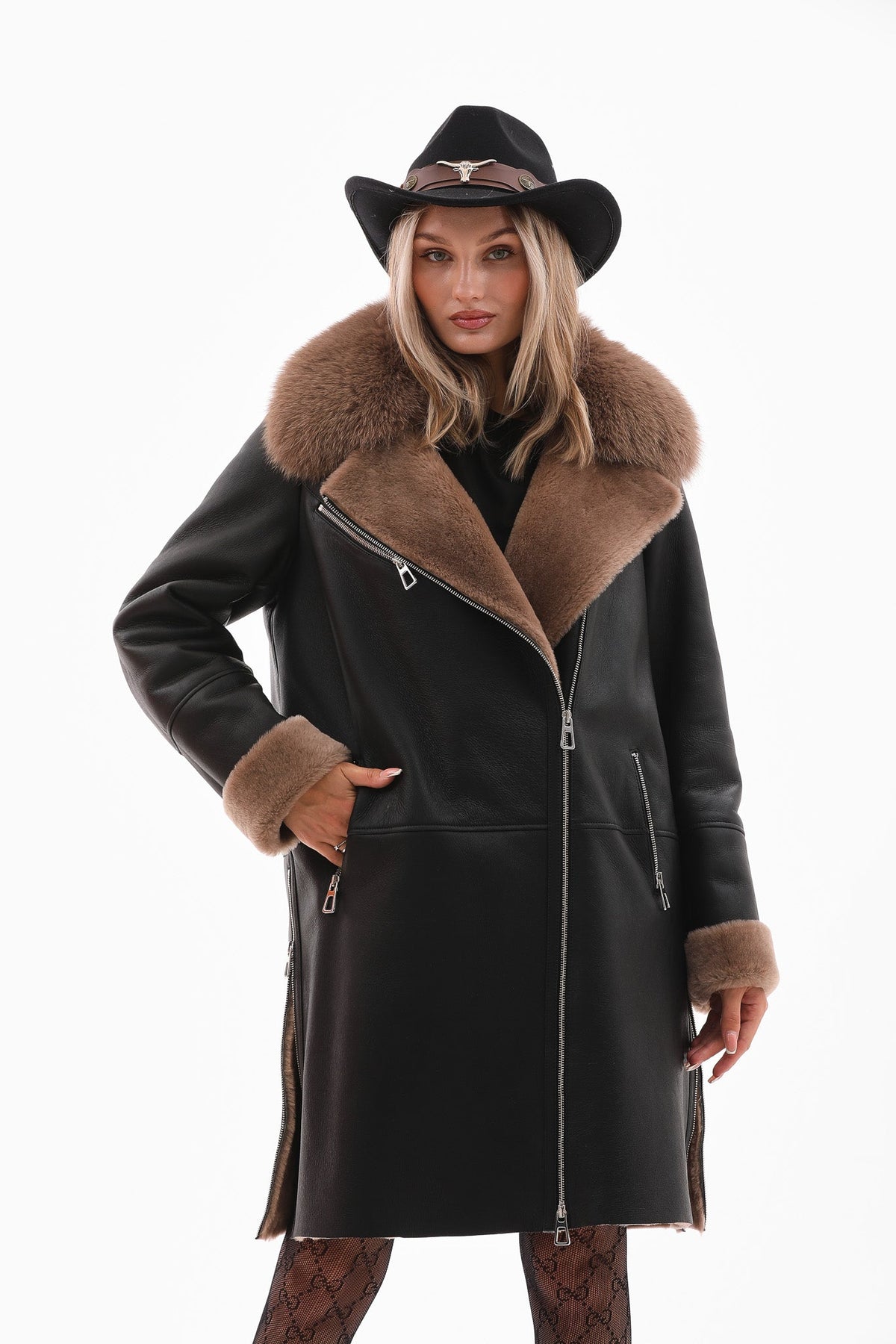 Vinci Leather The Onyx Caramel Shearling & Fox Fur Leather Women Jacket – product view 10