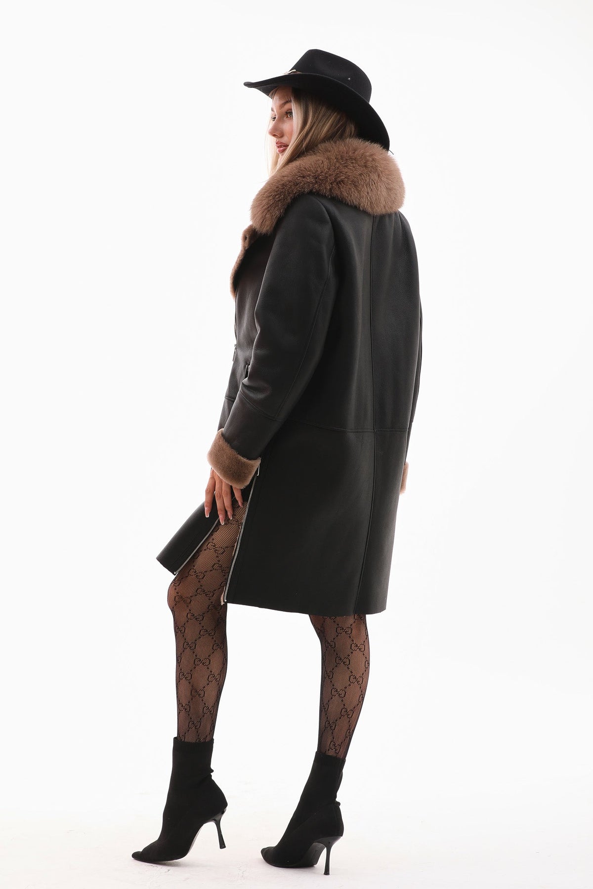 Vinci Leather The Onyx Caramel Shearling & Fox Fur Leather Women Jacket – product view 3