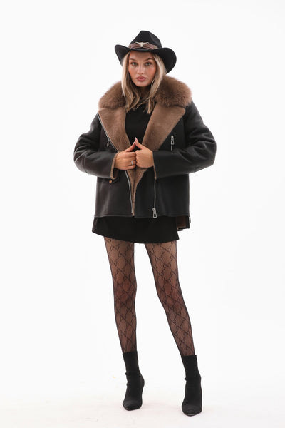 The Duchess Shearling Black & Brown Leather Women Jacket