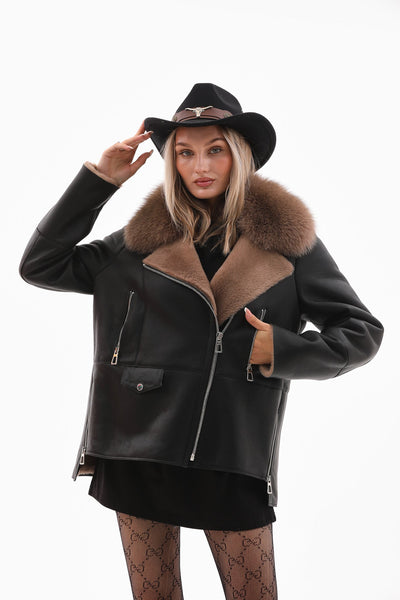 The Duchess Shearling Black & Brown Leather Women Jacket