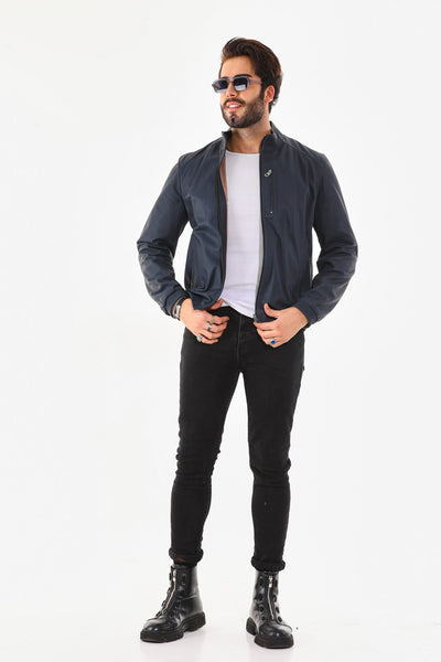 The Como Navy Blue Leather Bomber Men Jacket