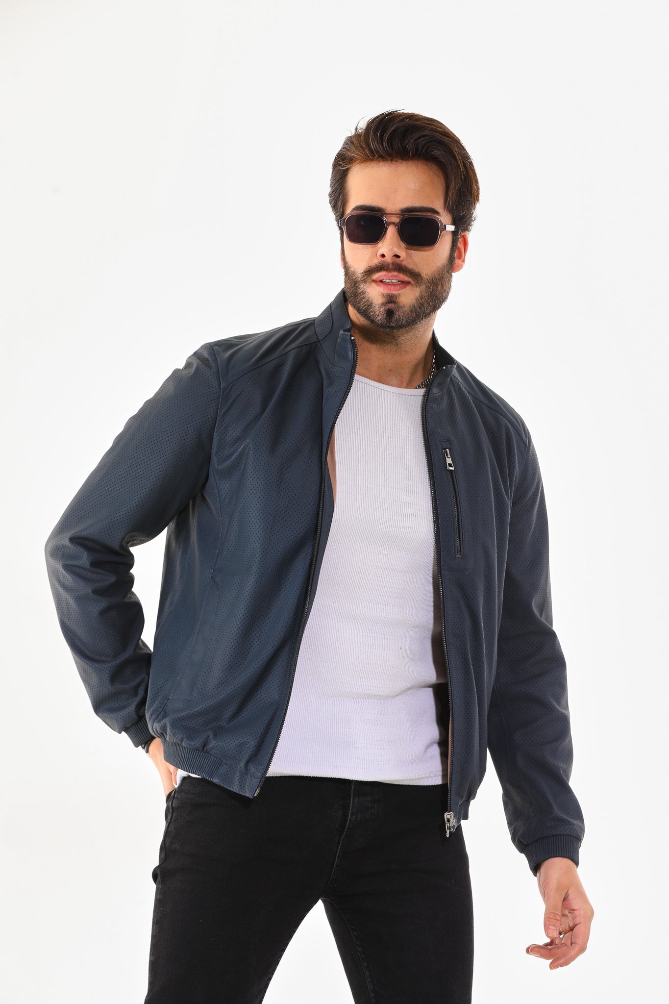The Como Navy Blue Leather Bomber Men Jacket