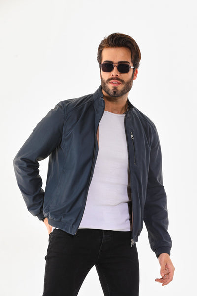 The Como Navy Blue Leather Bomber Men Jacket