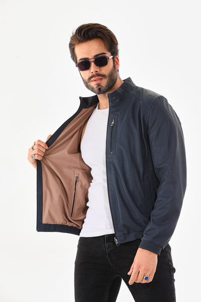 The Como Navy Blue Leather Bomber Men Jacket