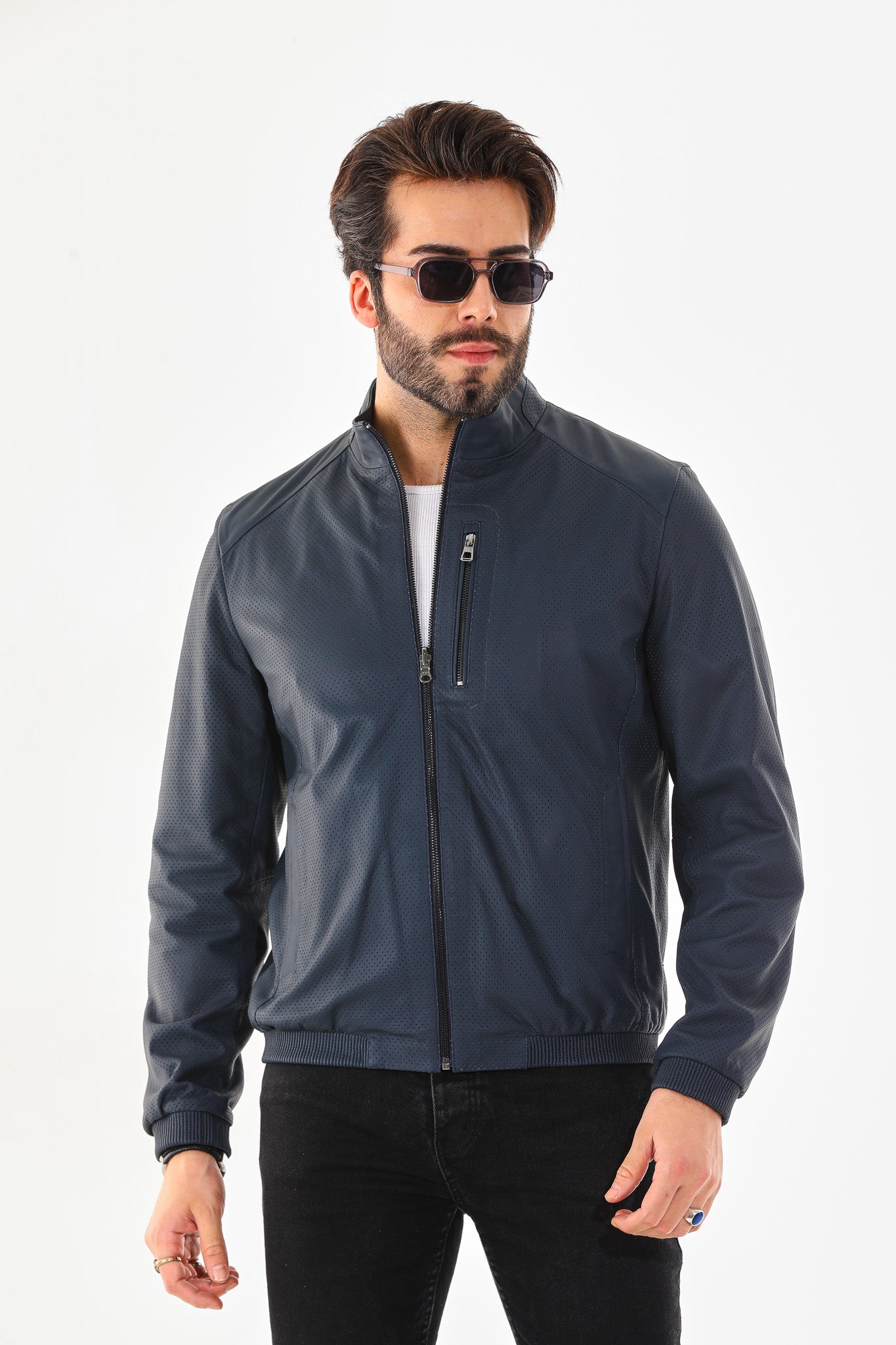 The Como Navy Blue Leather Bomber Men Jacket