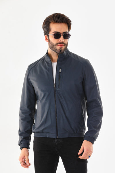 The Como Navy Blue Leather Bomber Men Jacket