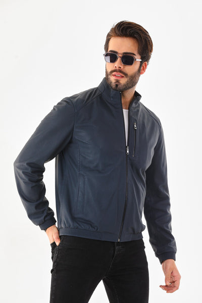 The Como Navy Blue Leather Bomber Men Jacket