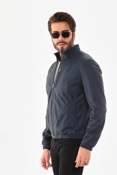 The Como Navy Blue Leather Bomber Men Jacket