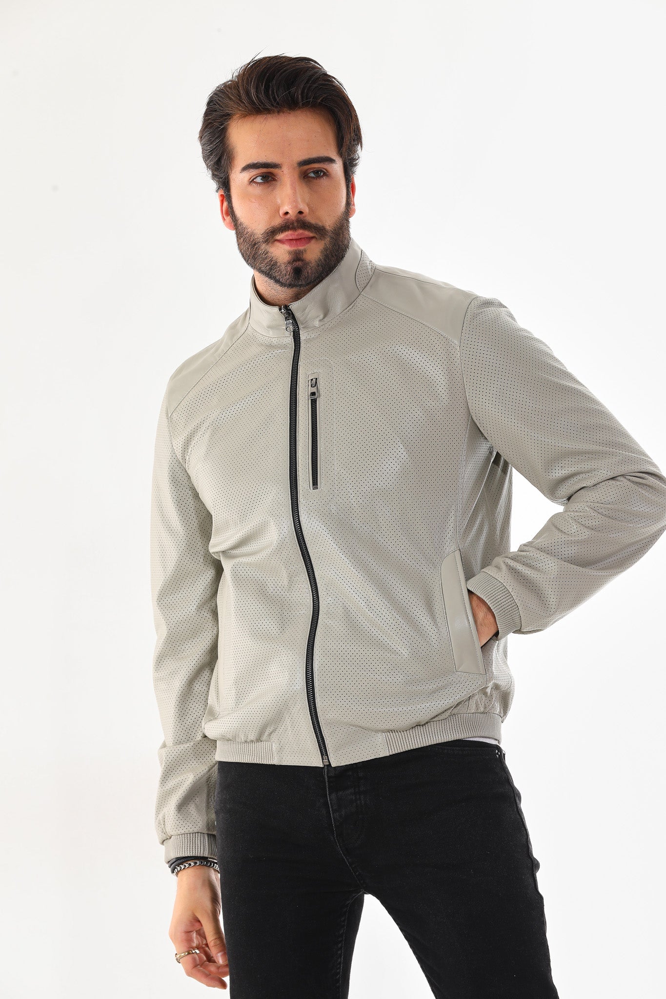 The Como Reversible Cream & Black Leather Bomber Men Jacket