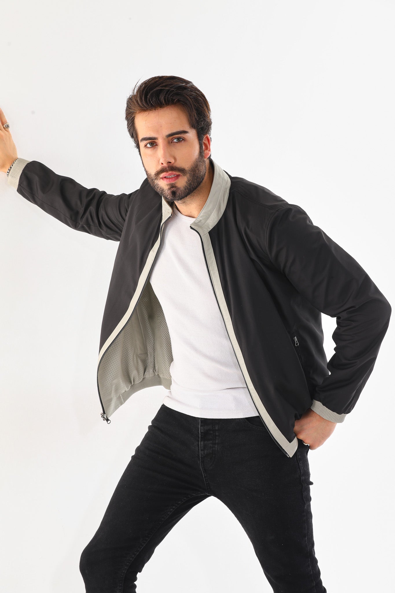 The Como Reversible Cream & Black Leather Bomber Men Jacket