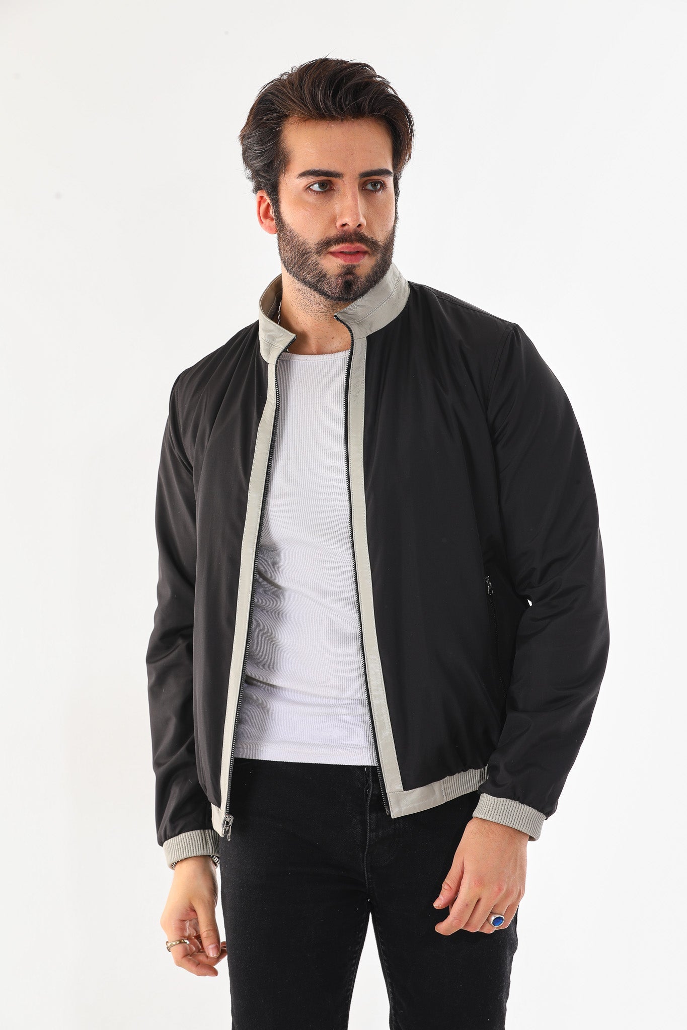 The Como Reversible Cream & Black Leather Bomber Men Jacket
