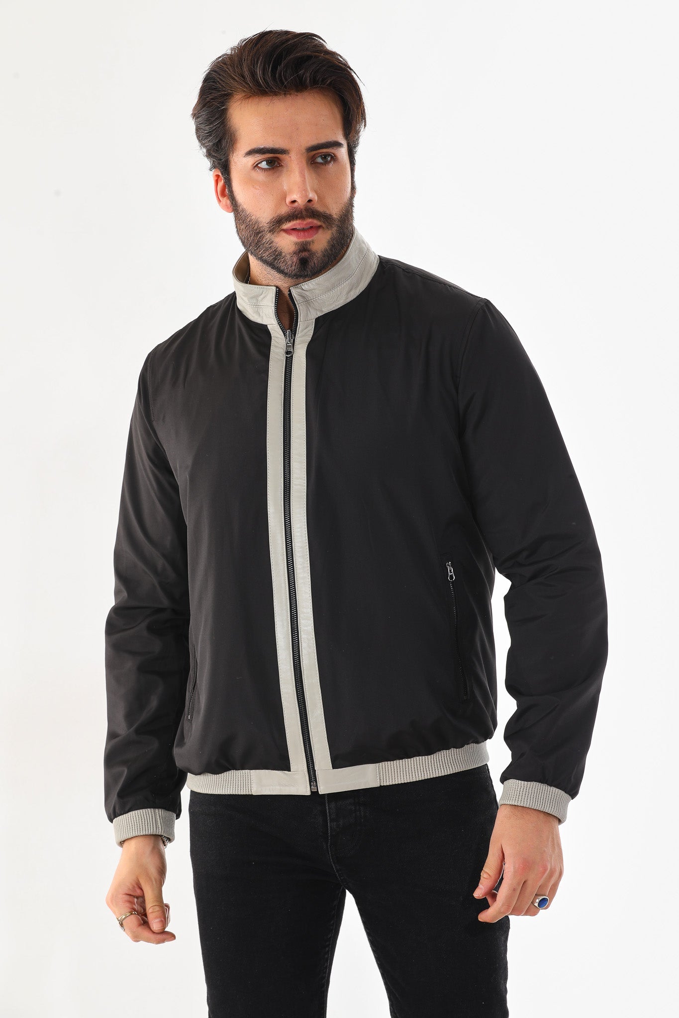 The Como Reversible Cream & Black Leather Bomber Men Jacket