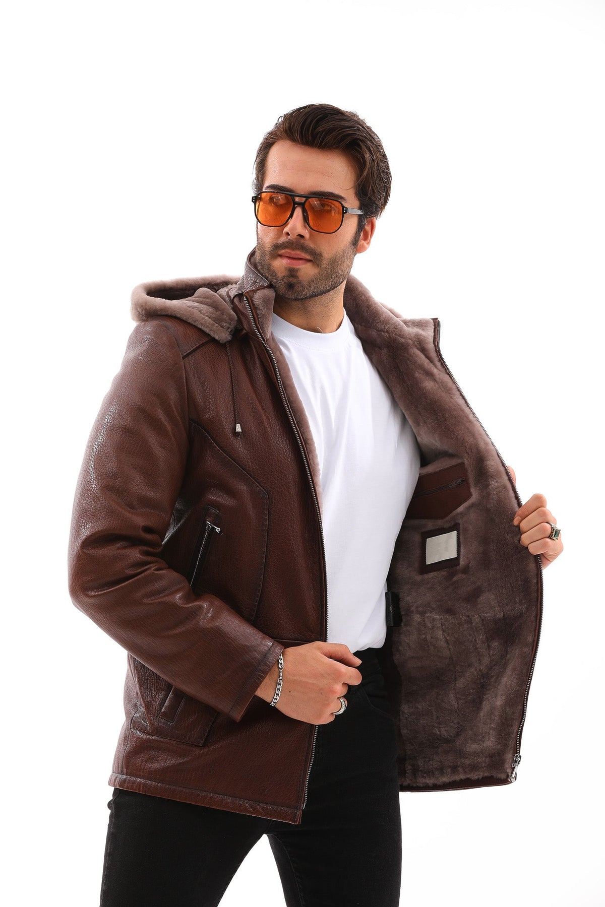 Vinci Leather The Bergamo Brown Shearling Leather Men Jacket – product view 8