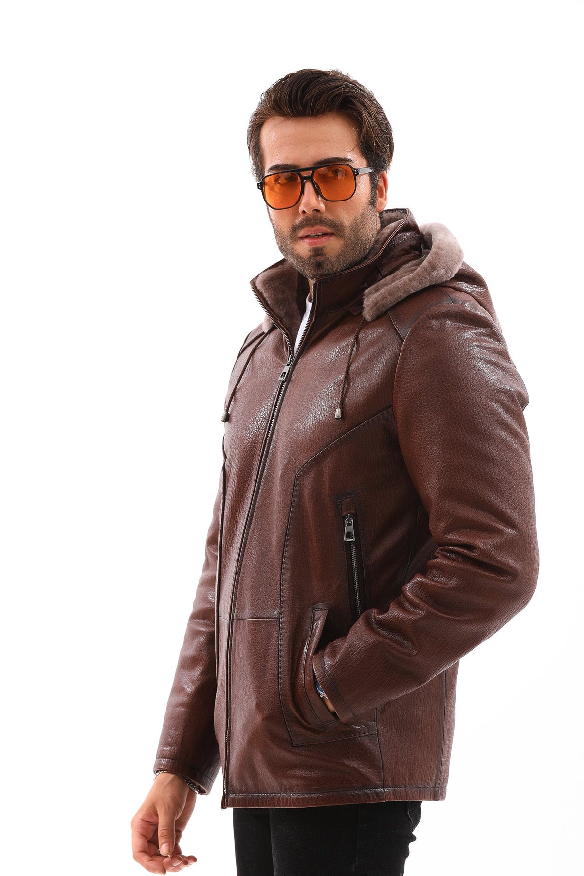 Vinci Leather The Bergamo Brown Shearling Leather Men Jacket – product view 10