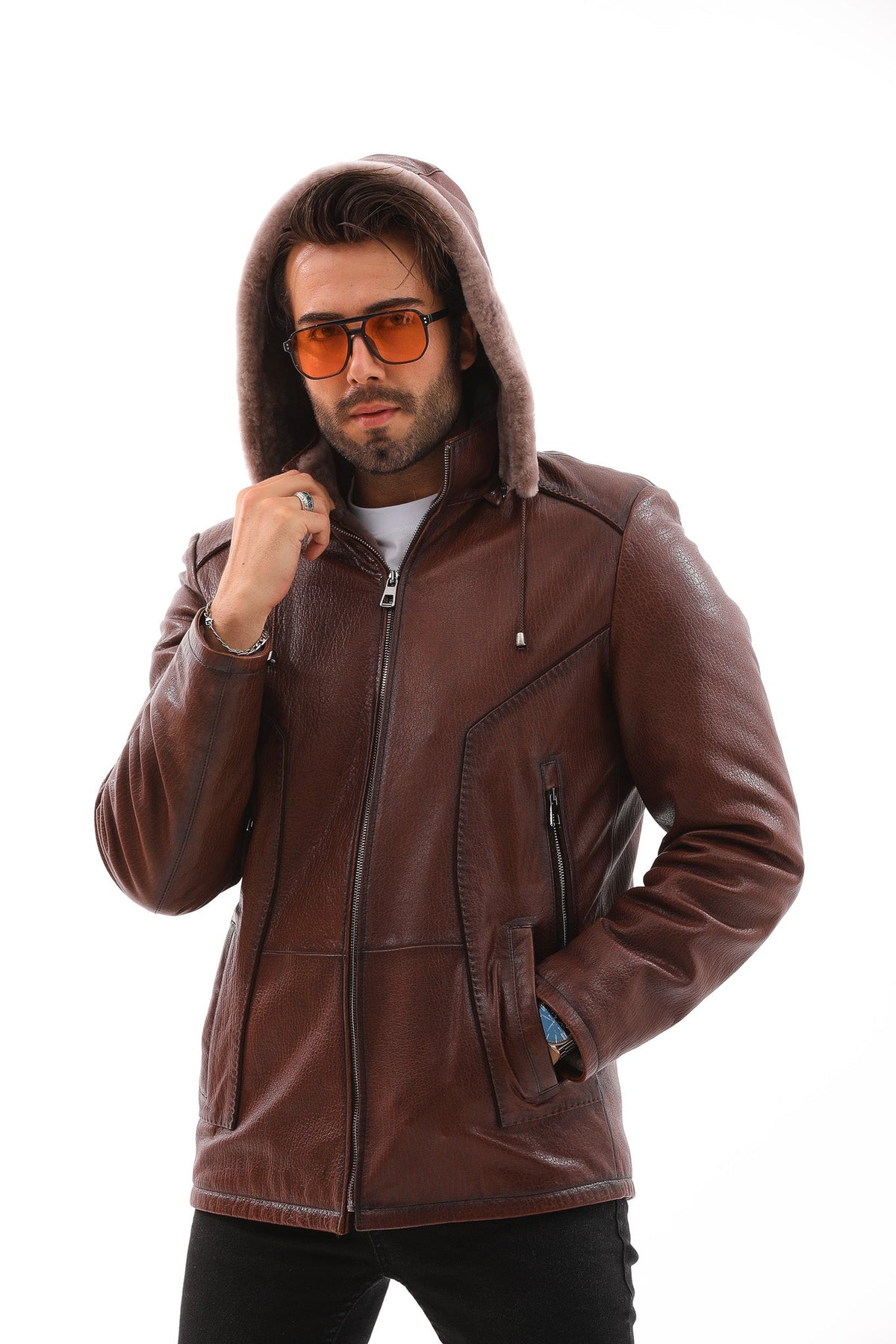 Vinci Leather The Bergamo Brown Shearling Leather Men Jacket – product view 2