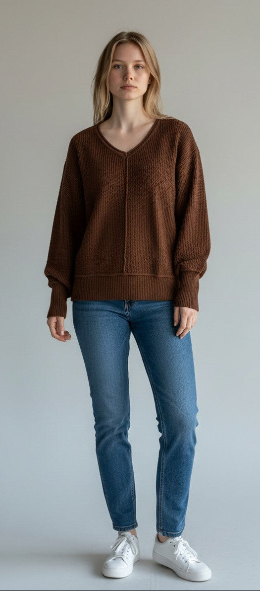 [163381-249] WOMENS LUCKY BRAND L/S SOLID TEXTURED V NK (5GG) - CHICORY COFFEE – product view 1