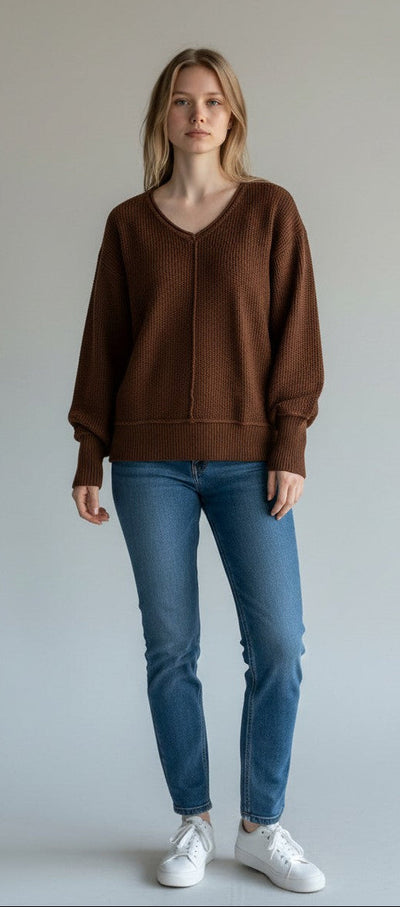 [163381-249] WOMENS LUCKY BRAND L/S SOLID TEXTURED V NK (5GG) - CHICORY COFFEE