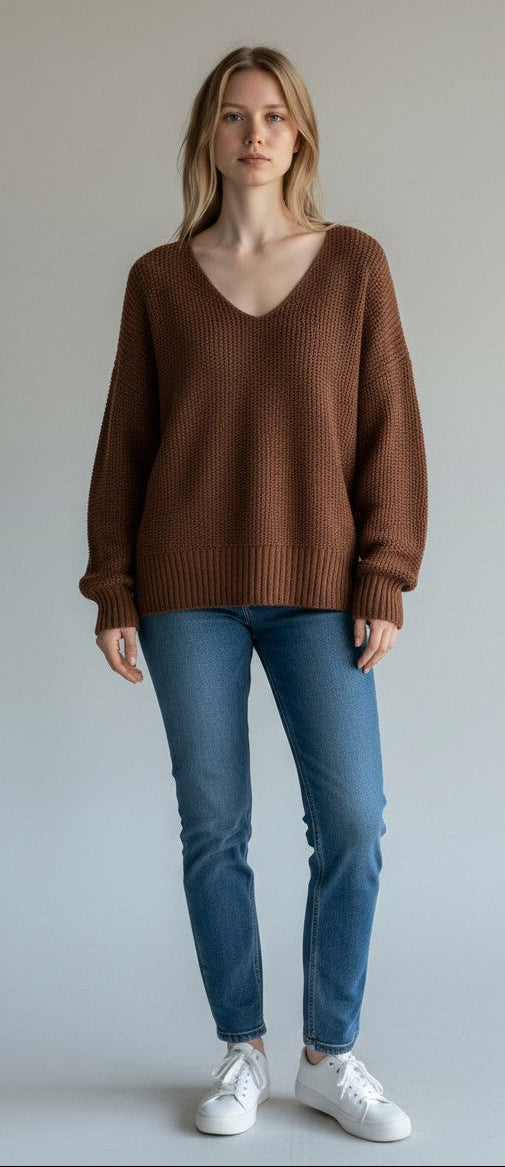 [7WP5056-249] WOMENS LUCKY BRAND SPRING WEIGHT V NECK PULLOVER - CHICORY COFFEE – product view 1