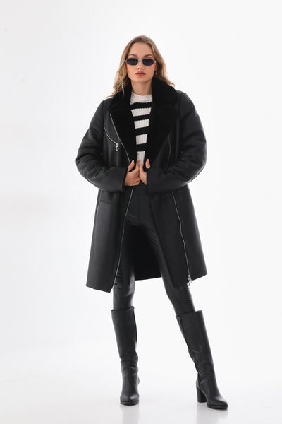 Vinci Leather The Onyx Black Shearling & Fox Fur Leather Women Jacket – product view 7