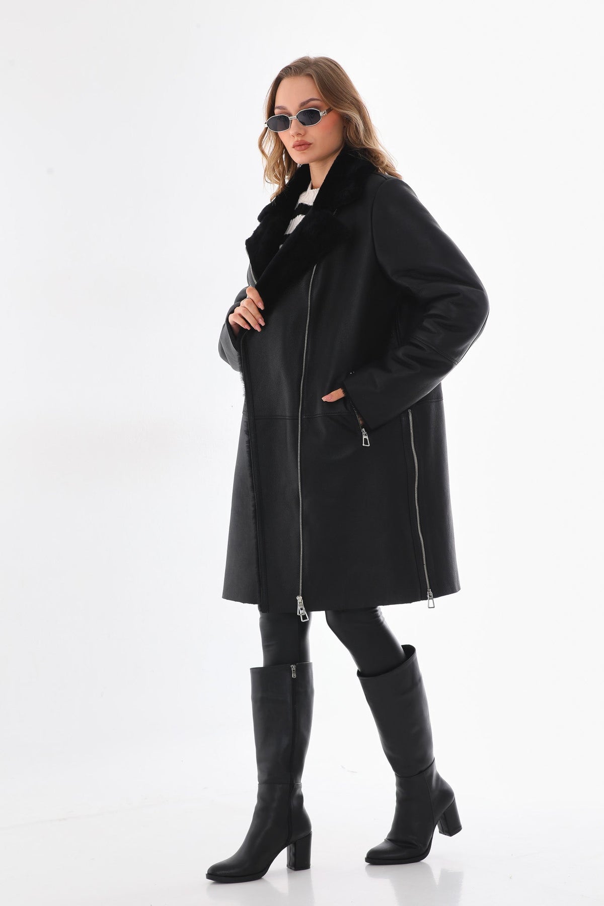 Vinci Leather The Onyx Black Shearling & Fox Fur Leather Women Jacket – product view 9