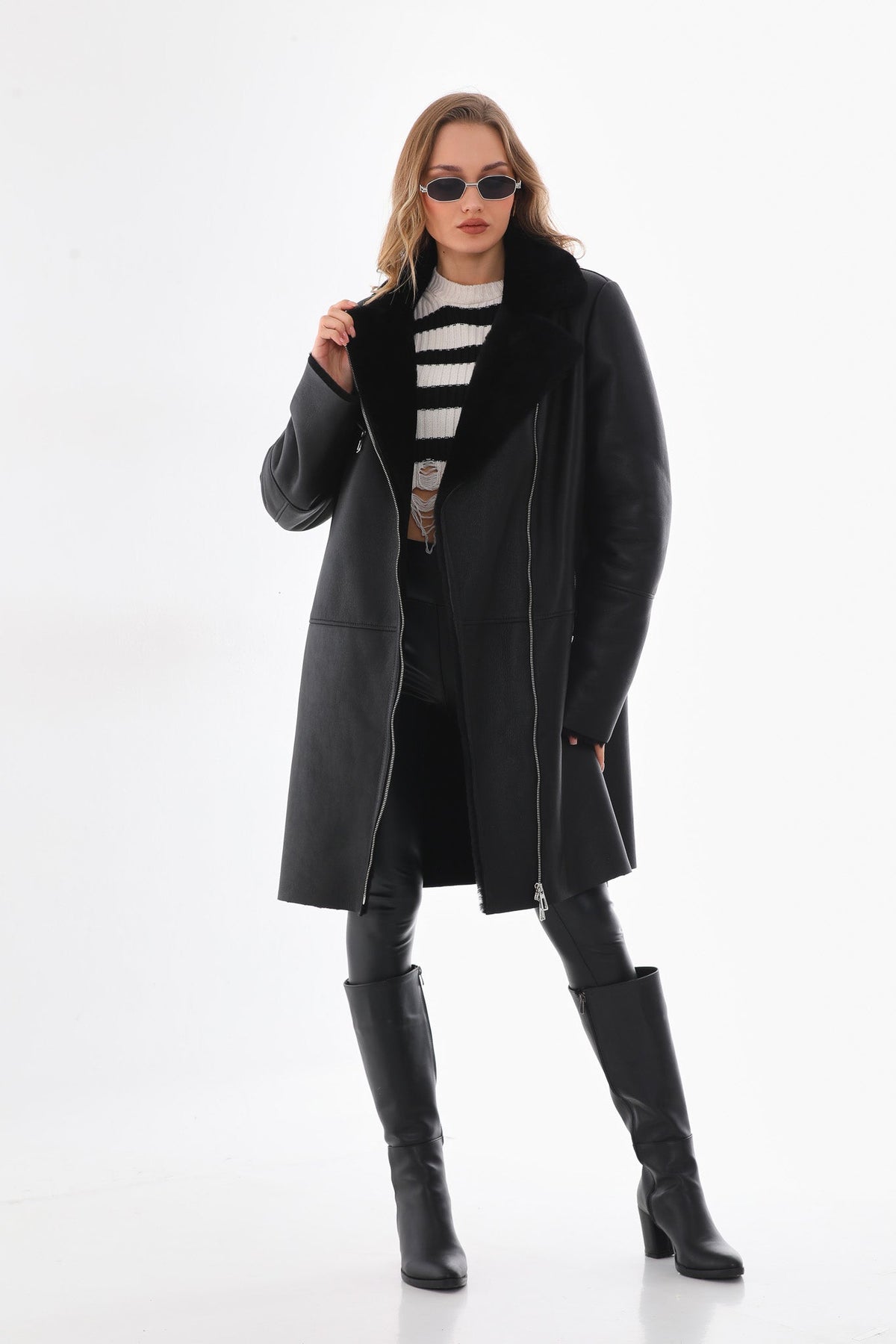 Vinci Leather The Onyx Black Shearling & Fox Fur Leather Women Jacket – product view 10
