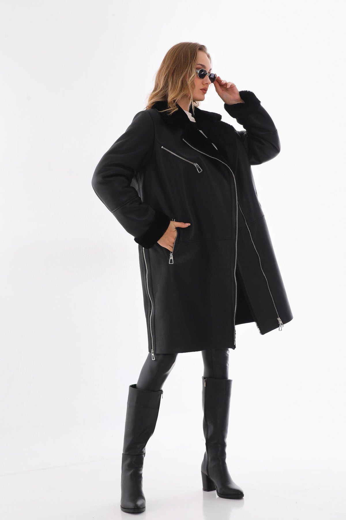 Vinci Leather The Onyx Black Shearling & Fox Fur Leather Women Jacket – product view 11