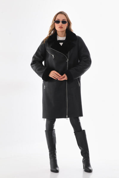 Vinci Leather The Onyx Black Shearling & Fox Fur Leather Women Jacket – product view 13