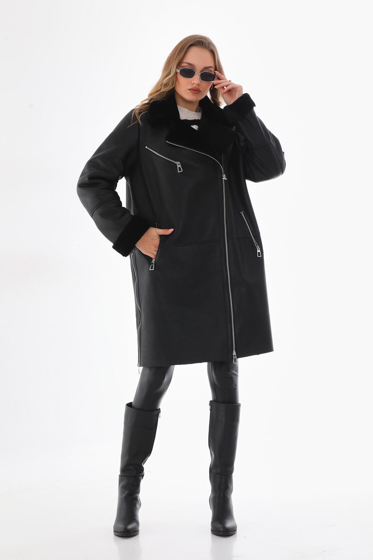 Vinci Leather The Onyx Black Shearling & Fox Fur Leather Women Jacket – product view 14