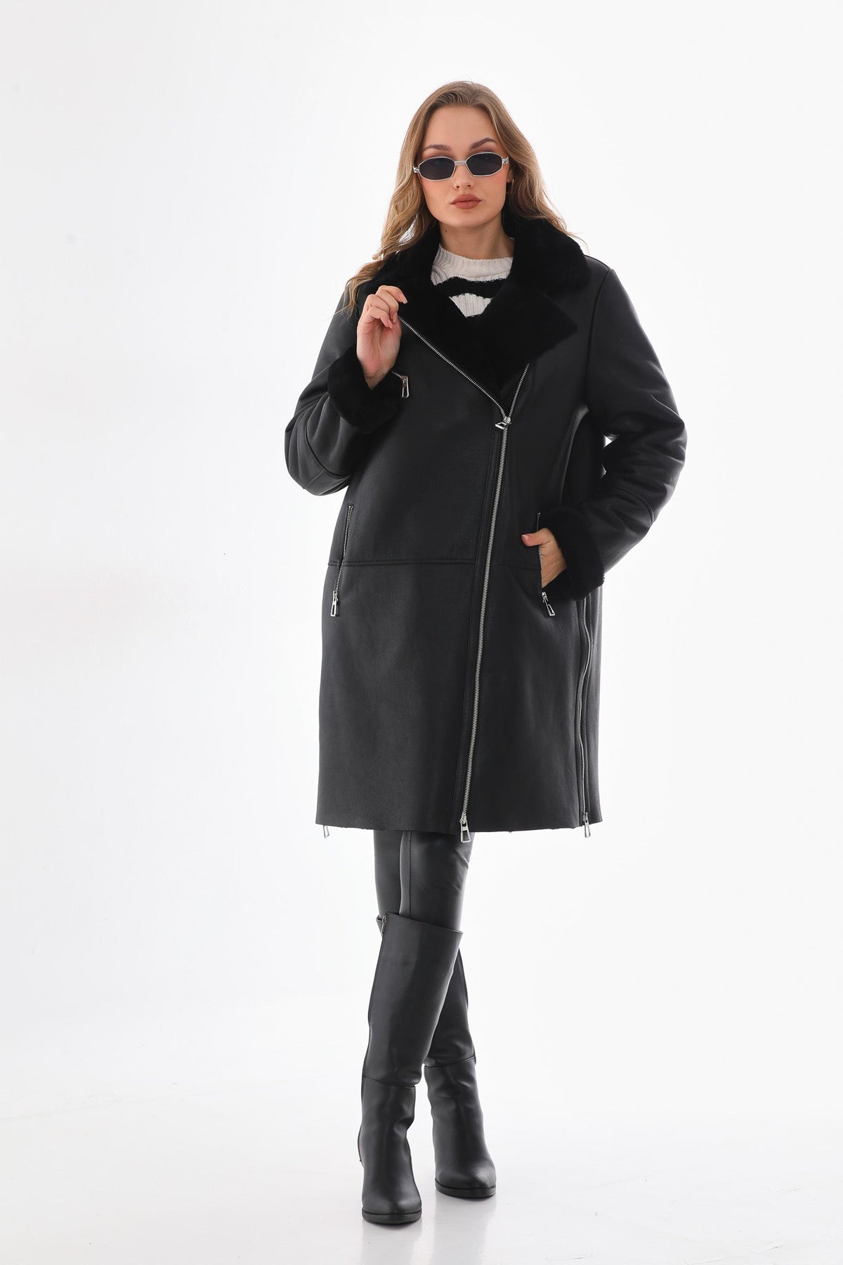 Vinci Leather The Onyx Black Shearling & Fox Fur Leather Women Jacket – product view 1