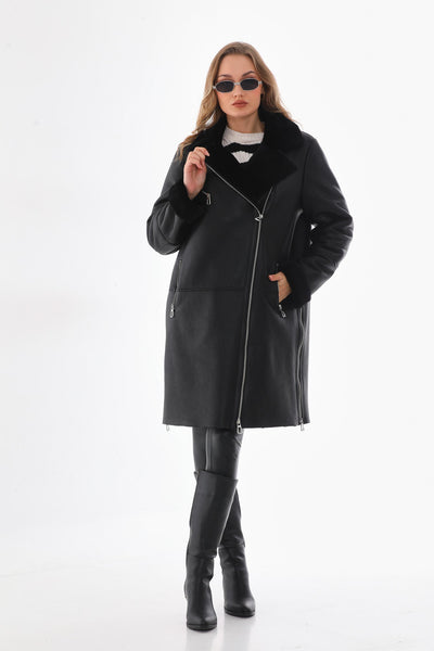 Vinci Leather The Onyx Black Shearling & Fox Fur Leather Women Jacket – product view 1