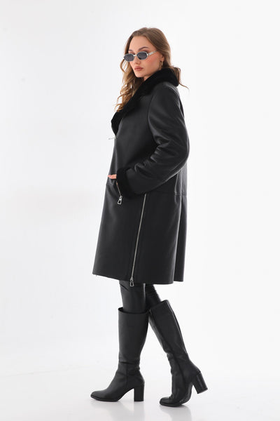 Vinci Leather The Onyx Black Shearling & Fox Fur Leather Women Jacket – product view 12