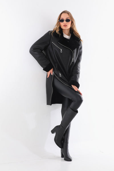 Vinci Leather The Onyx Black Shearling & Fox Fur Leather Women Jacket – product view 2