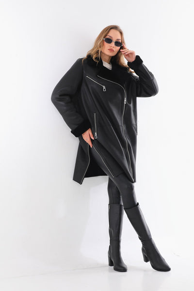 Vinci Leather The Onyx Black Shearling & Fox Fur Leather Women Jacket – product view 8