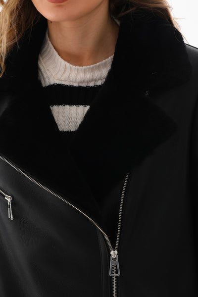 Vinci Leather The Onyx Black Shearling & Fox Fur Leather Women Jacket – product view 3