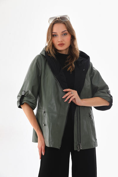 Vinci Leather The Hudson Olive Green Leather Women Jacket – product view 2