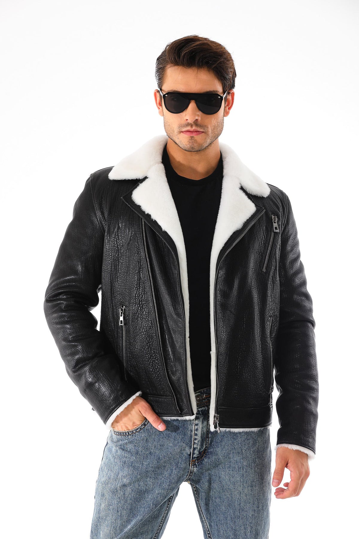 Vinci Leather The Cortina Black Shearling Leather Men Jacket – product view 1