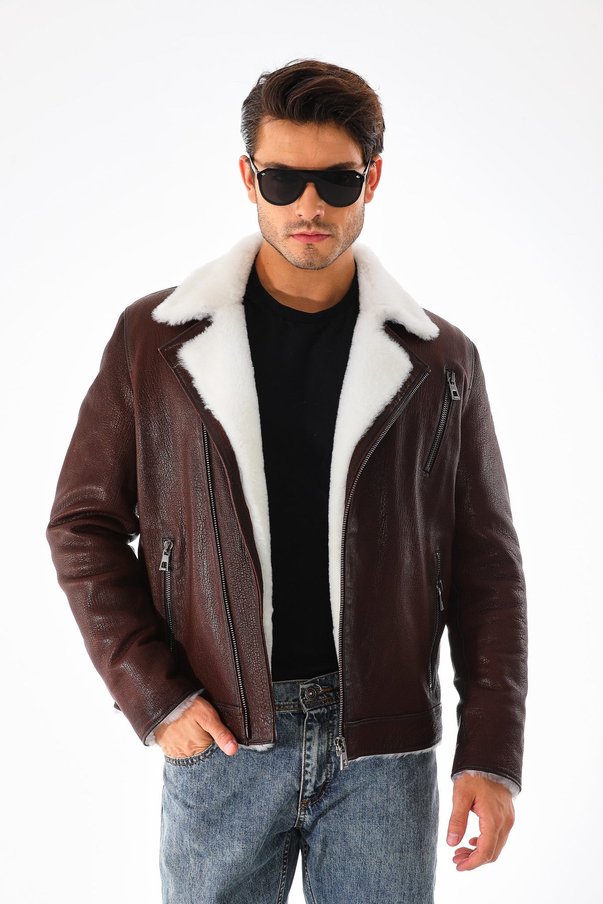 Vinci Leather The Cortina Brown & White Shearling Leather Men Jacket – product view 2