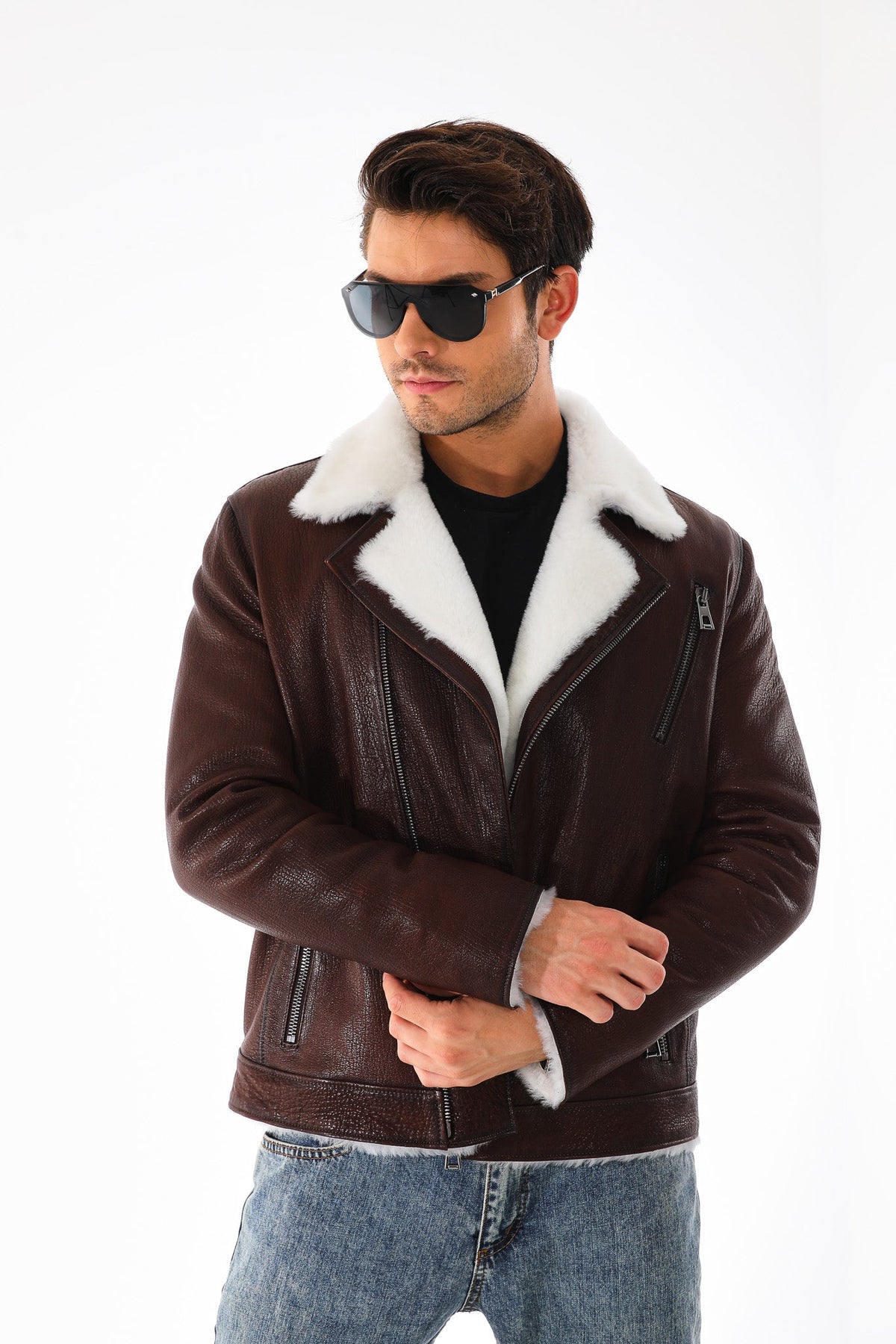 Vinci Leather The Cortina Brown & White Shearling Leather Men Jacket – product view 5