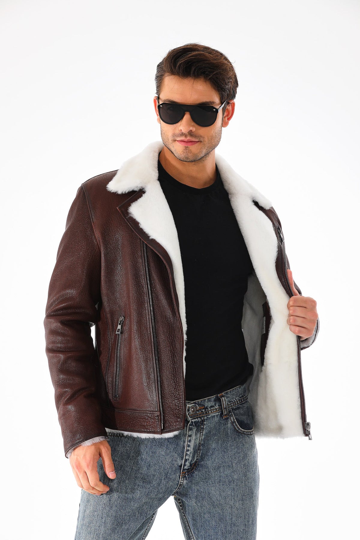 Vinci Leather The Cortina Brown & White Shearling Leather Men Jacket – product view 6