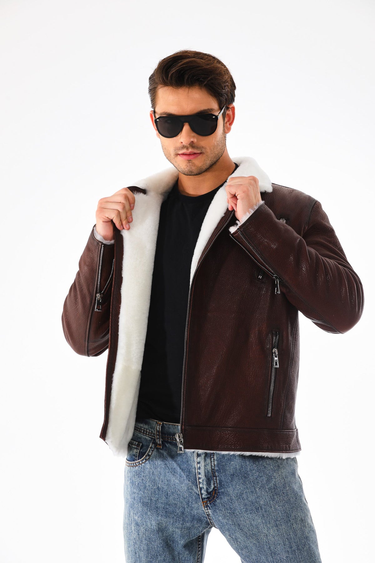 Vinci Leather The Cortina Brown & White Shearling Leather Men Jacket – product view 7