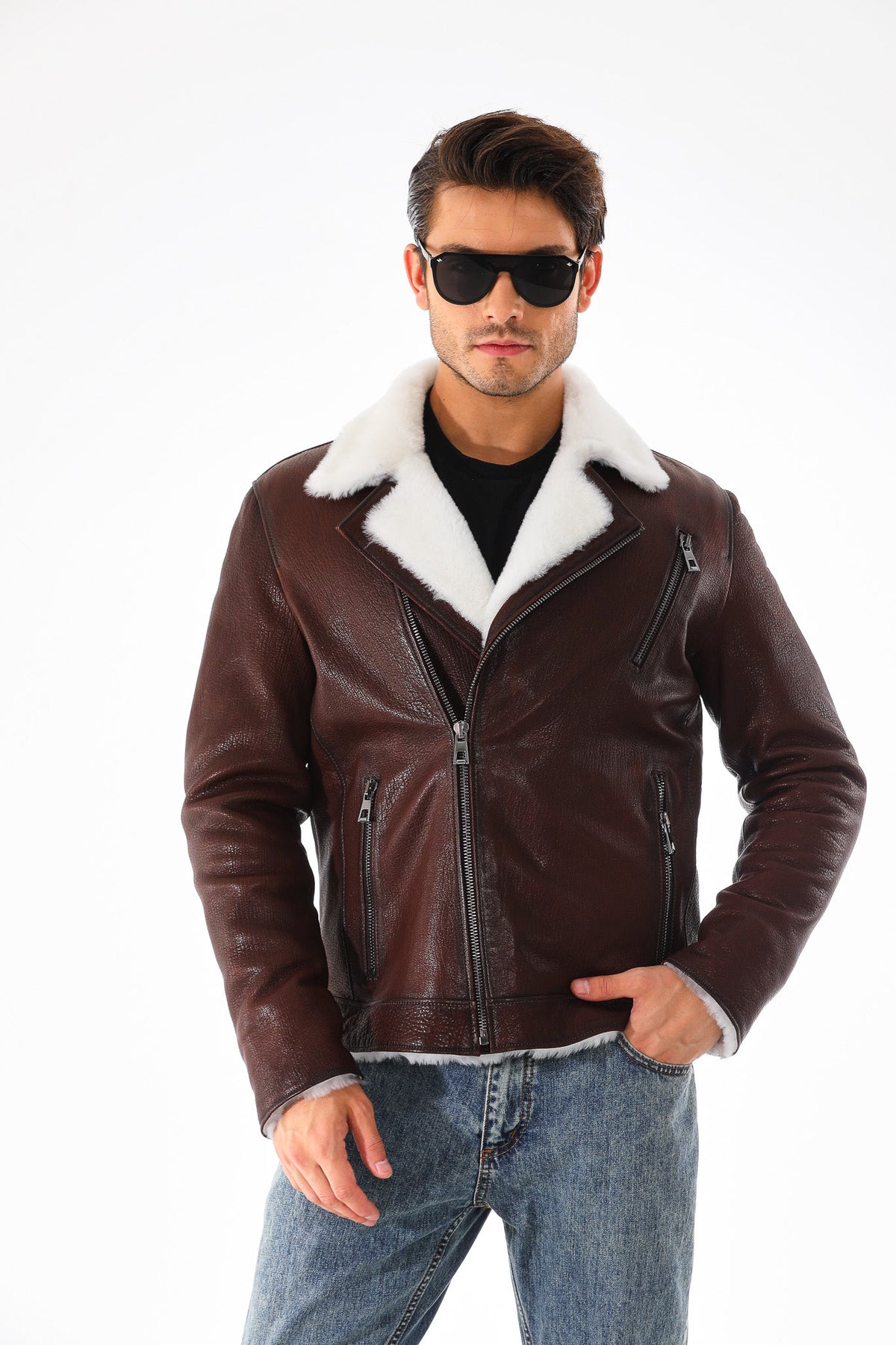 Vinci Leather The Cortina Brown & White Shearling Leather Men Jacket – product view 8