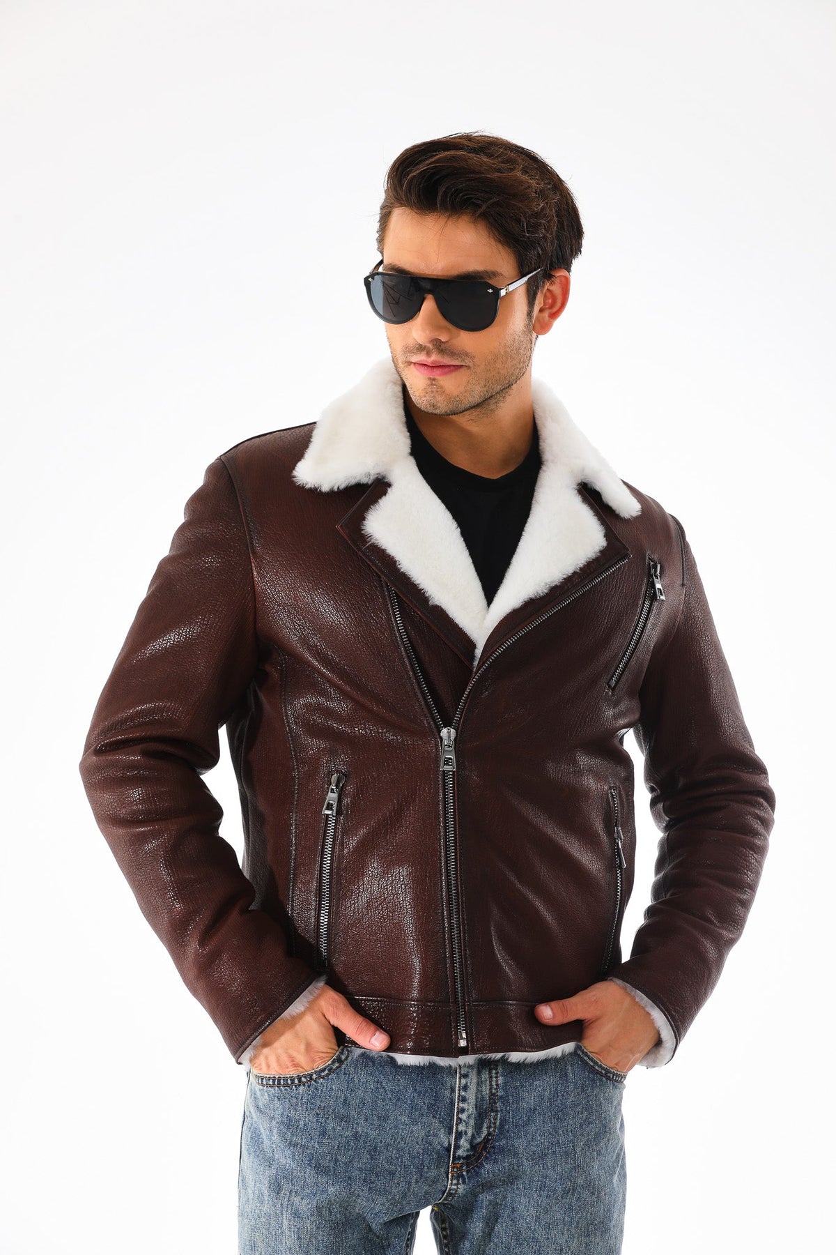 Vinci Leather The Cortina Brown & White Shearling Leather Men Jacket – product view 9