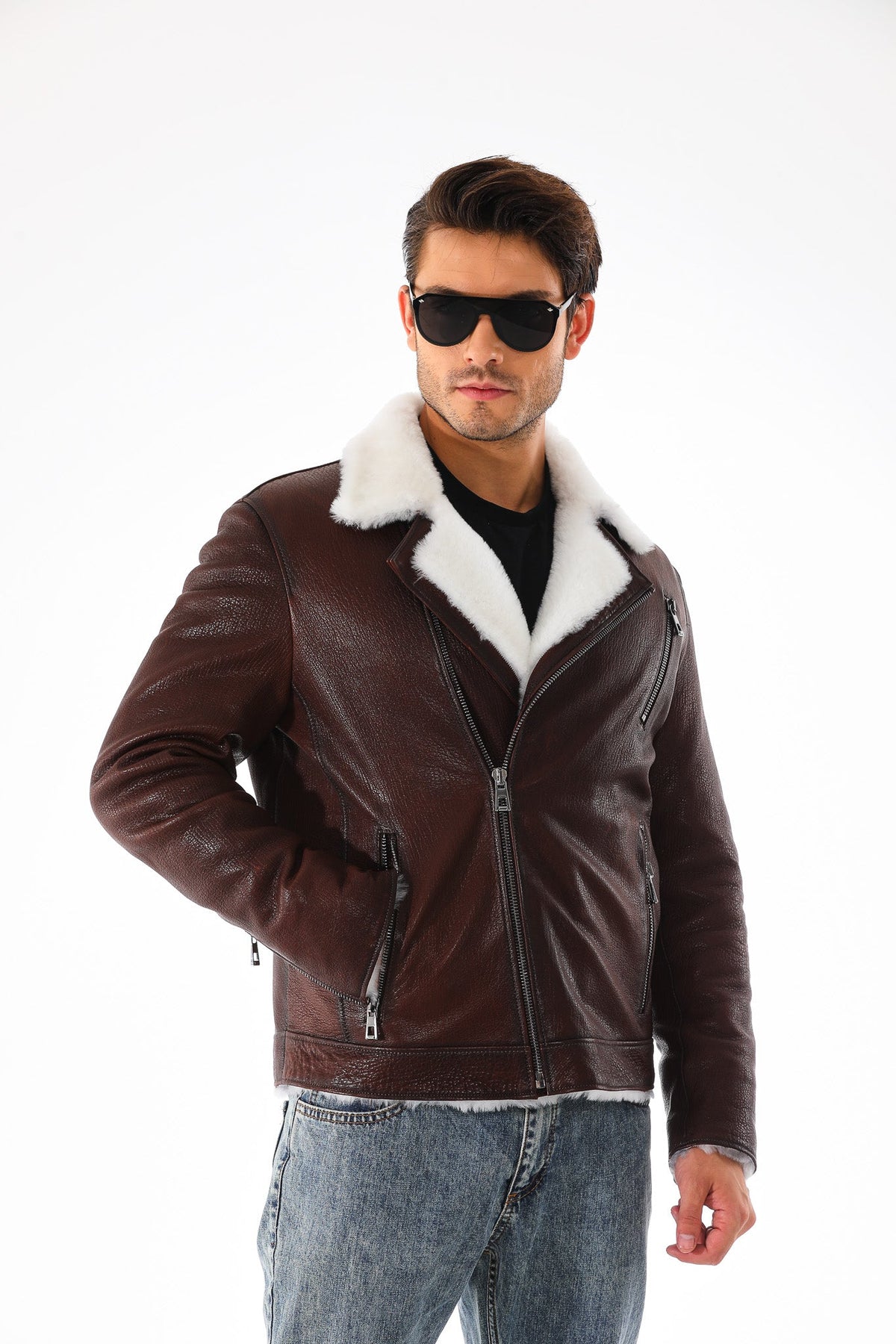 Vinci Leather The Cortina Brown & White Shearling Leather Men Jacket – product view 11