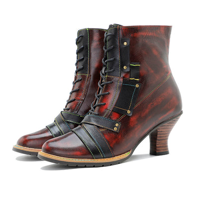 Handcrafted Vintage Mixed Leather High Heel Ankle Boots