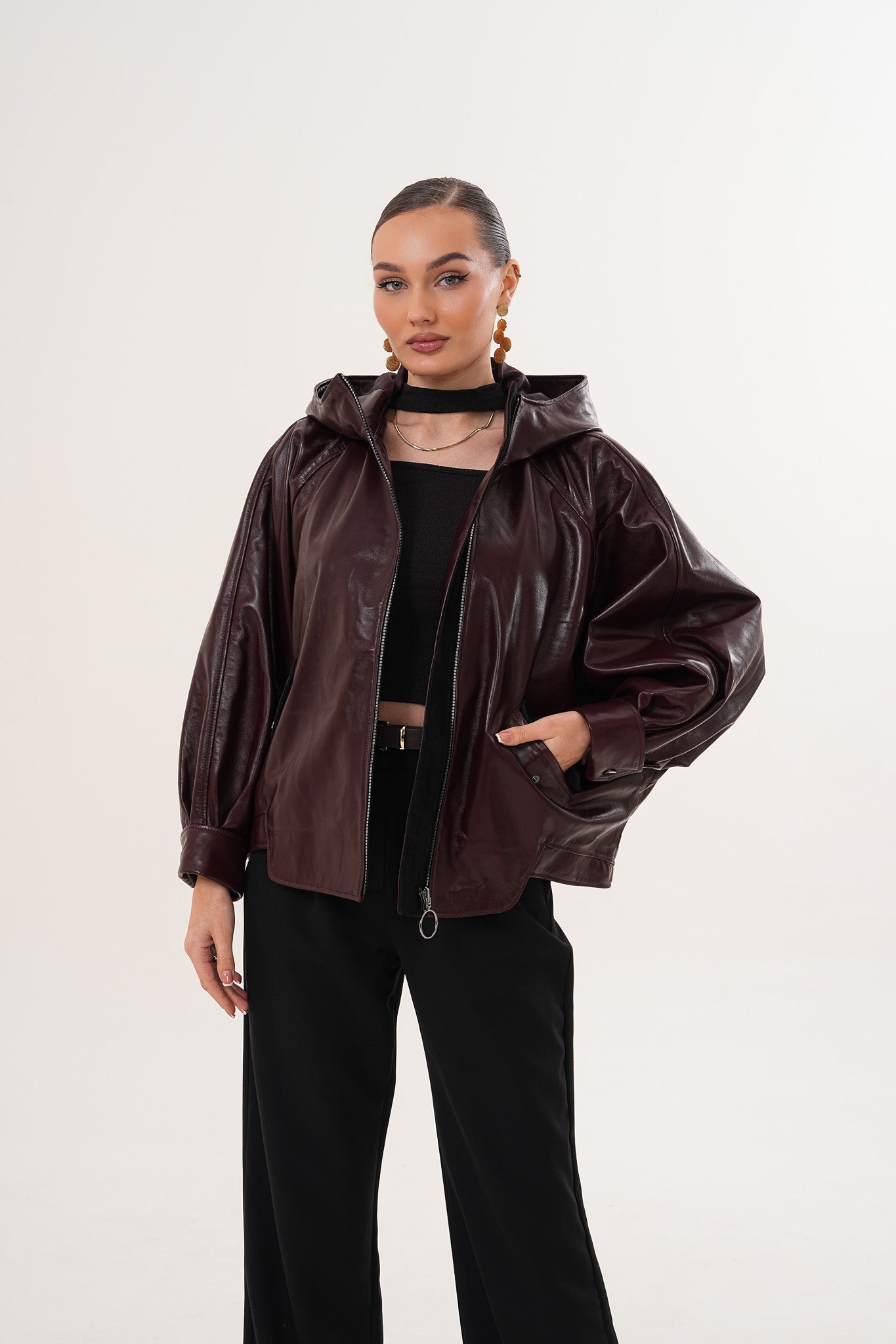 The Marvella Burgundy Leather Women Jacket