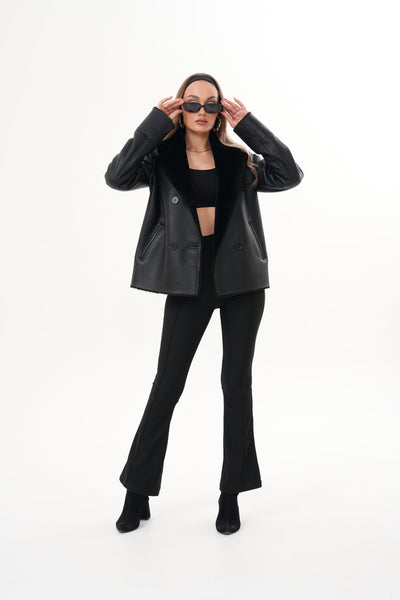The Zurich Double-Breasted Black Shearling Leather Women Jacket