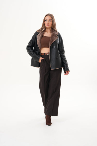 The Zurich Double-Breasted Brown Shearling Collar Leather Women Jacket